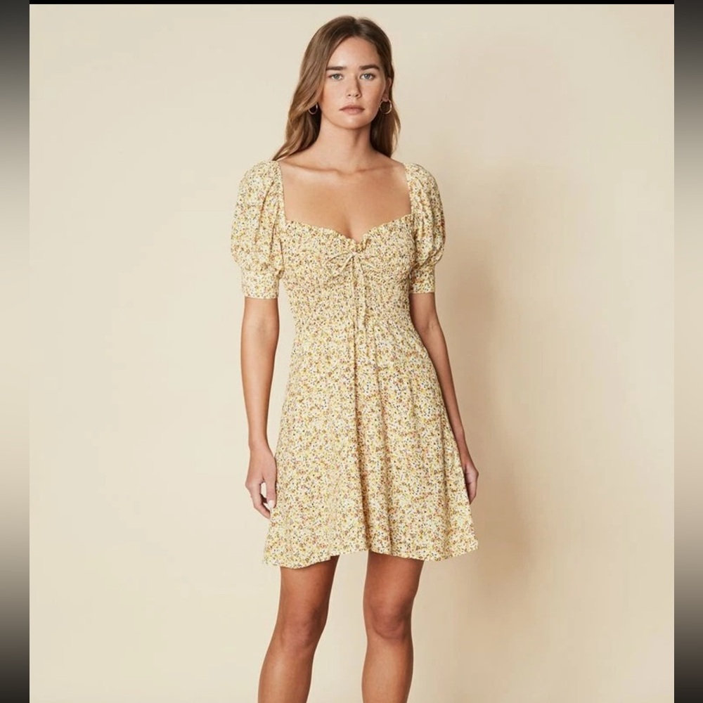 Faithfull the brand Dulcia Mini Dress La Reverie Floral Print Yellow Smocked 10